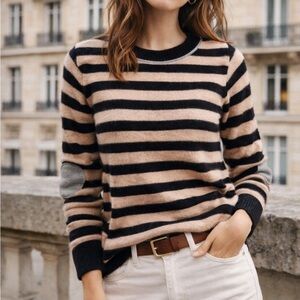 Cashmere Striped Sweater Black Beige Elbow Patch Crewneck Soft Luxury Knit